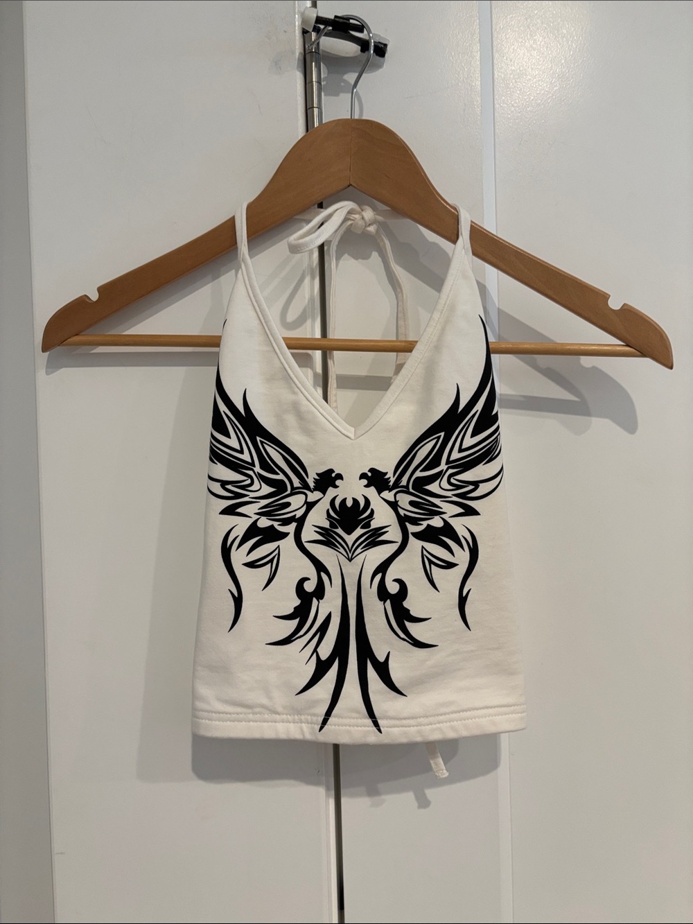 Edikted White Halter Crop Top with Black Wing Design. Size L